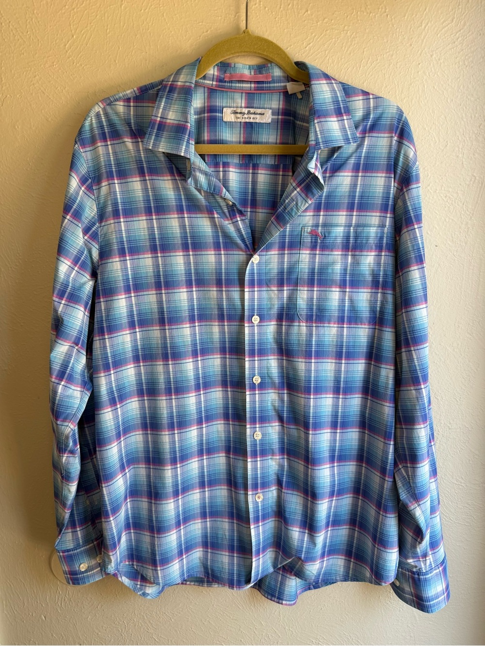 Tommy Bahama “The Siesta Key” Aqua Pink and Blue Plaid Button-Up Shirt